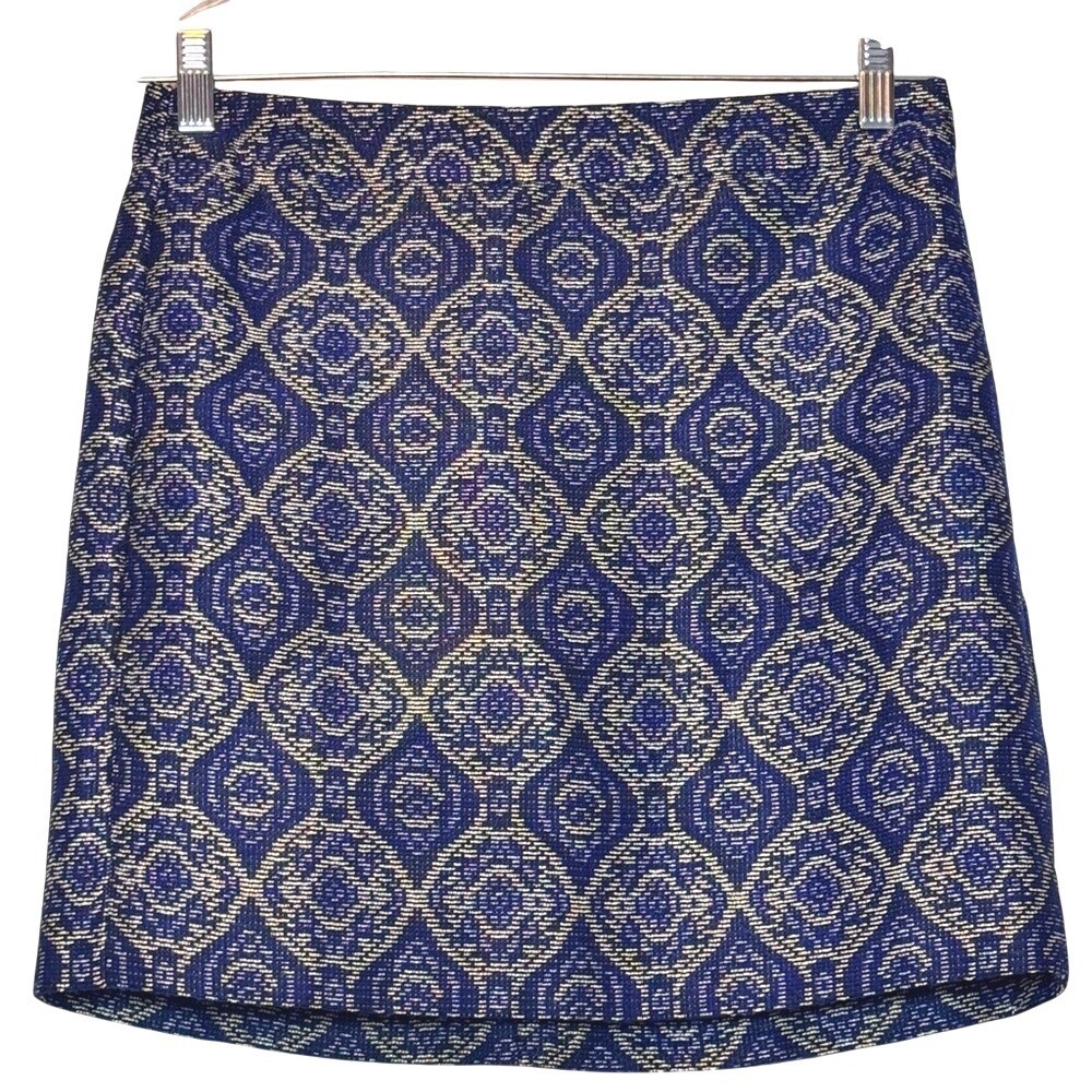 J.Crew Navy Blue Gold Metallic Jacquard Mini Skirt Size 2 Medallion Brocade